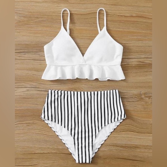 Other - WOMEN’S high waisted bikini swimsuit pinstripe ruffle bust size small